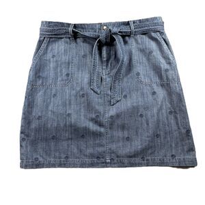 Talbots Embroidered Daisy A-Line Skirt Denim Tie Belt Chambray Blue Size 12 C133